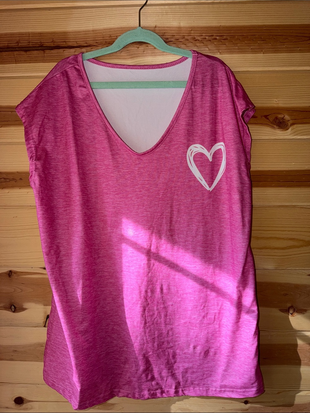 Pink V-Neck Tee with White Heart Graphic